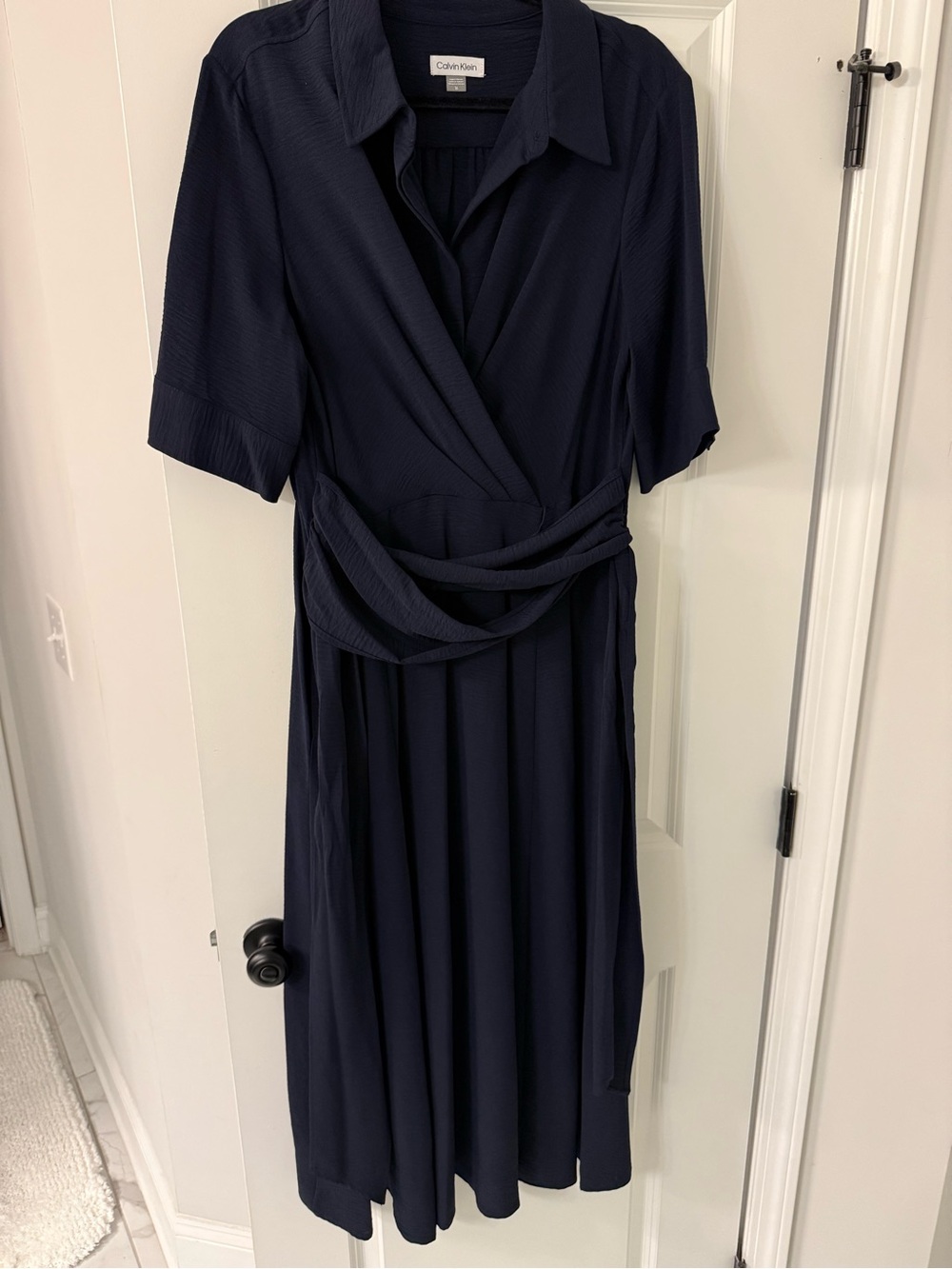 Calvin Klein Navy Short-Sleeve Wrap Midi Dress